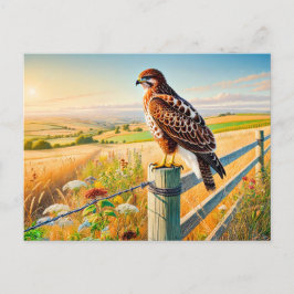 Gemeenschappelijke buizerd op het hek over de weid feestdagenkaart