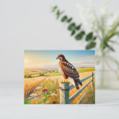 Gemeenschappelijke buizerd op het hek over de weid feestdagenkaart (Staand voorkant)