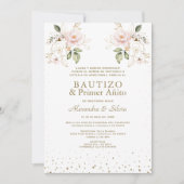 Gemelas Hijas Roze Bloemen Primer Añito Bautizo Kaart (Voorkant)