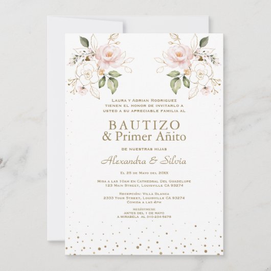 Gemelas Hijas Roze Bloemen Primer Añito Bautizo Kaart (Voorkant)