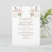 Gemelas Hijas Roze Bloemen Primer Añito Bautizo Kaart (Staand voorkant)