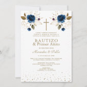 Gemelos Blauwe Bloemen Hijos Primer Añito Bautizo Kaart (Voorkant)