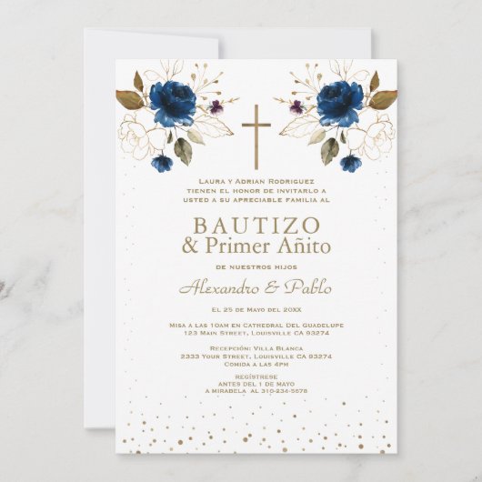 Gemelos Blauwe Bloemen Hijos Primer Añito Bautizo Kaart (Voorkant)