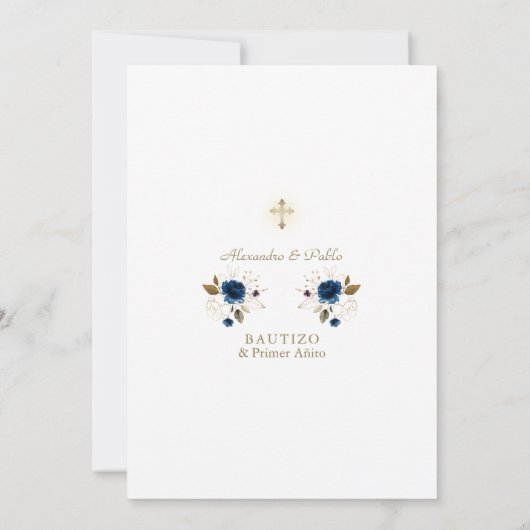 Gemelos Blauwe Bloemen Hijos Primer Añito Bautizo Kaart (Achterkant)