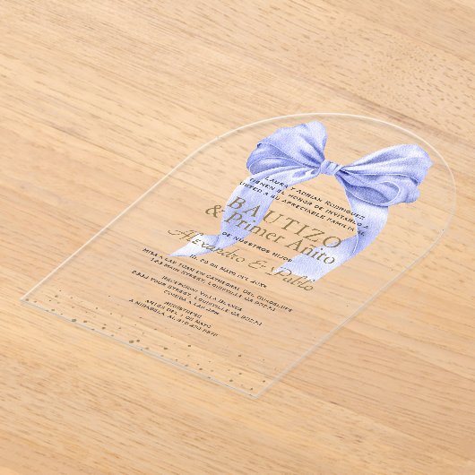 Gemelos Hijos Blue Bow Primer Añito Bautizo Acryl Uitnodigingen (Laagn)