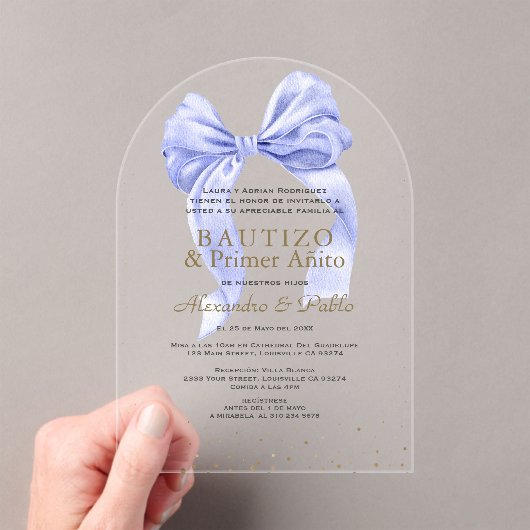 Gemelos Hijos Blue Bow Primer Añito Bautizo Acryl Uitnodigingen (Insitu (Draagbaar))