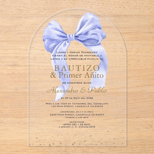 Gemelos Hijos Blue Bow Primer Añito Bautizo Acryl Uitnodigingen (Voorkant)