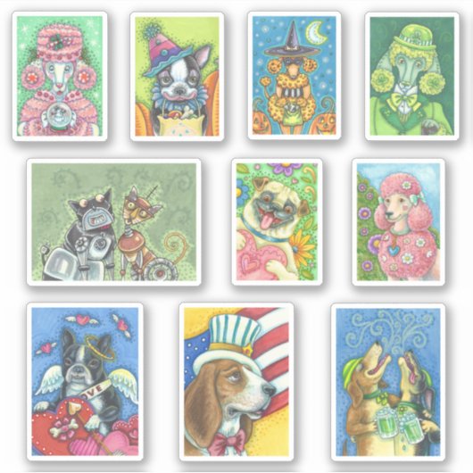 GEMENGD HOLIDAY DOGS ROBOT BOSTON POODLE HOUND PUG STICKER (Voorkant)