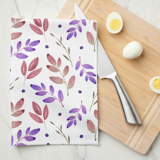 Gemengd Paars, Sienna Waterverf Leaves Pattern Theedoek (Quarter Fold)