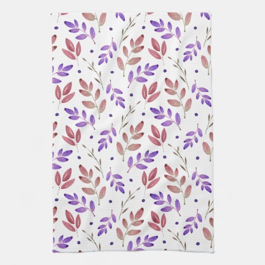 Gemengd Paars, Sienna Waterverf Leaves Pattern Theedoek (Verticaal)