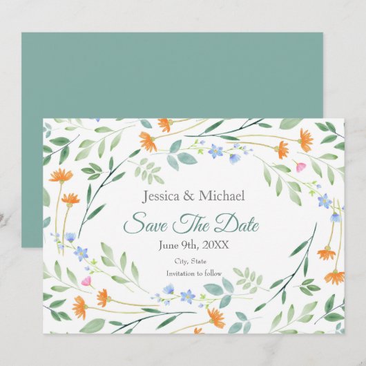 Gemengd Waterverf Floral Lijst Save The Date (Voorkant / Achterkant)