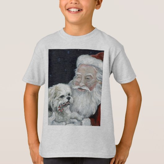 Gemengde Bichon Shihtzu- en Santa-kerstart T-Shirt (Voorkant)