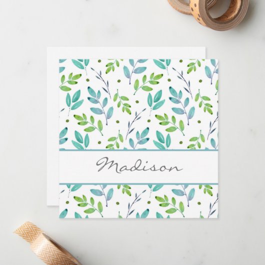 Gemengde Blauwgroen, groene Waterverf verliest pat Notitiekaartje (Voorkant / Achterkant in situ)