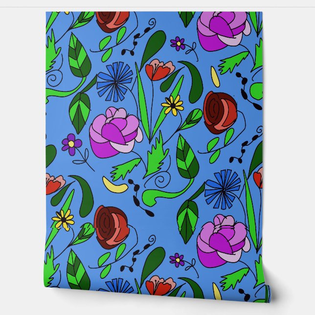 Gemengde bloemen op blauw behang (Afrollen)