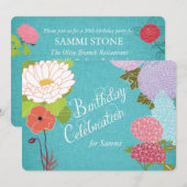 Gemengde bloemen op Blue Linen Birthday Invite Kaart (Voorkant / Achterkant)