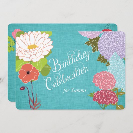 Gemengde bloemen op Blue Linen Birthday Invite Kaart (Voorkant / Achterkant)