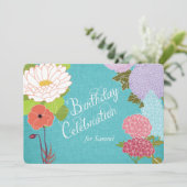 Gemengde bloemen op Blue Linen Birthday Invite Kaart (Staand voorkant)