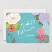 Gemengde bloemen op Blue Linen Birthday Invite Kaart (Voorkant)