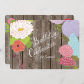 Gemengde bloemen op Weathered Wood Birthday Invite Kaart (Voorkant / Achterkant)