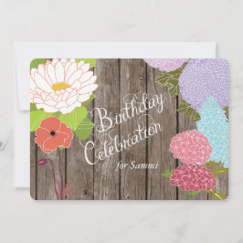 Gemengde bloemen op Weathered Wood Birthday Invite Kaart