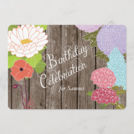 Gemengde bloemen op Weathered Wood Birthday Invite Kaart
