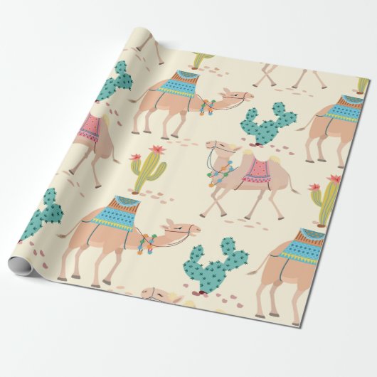 Gemengde cactus en kamelenpatroon cadeaupapier (Uitgerold)