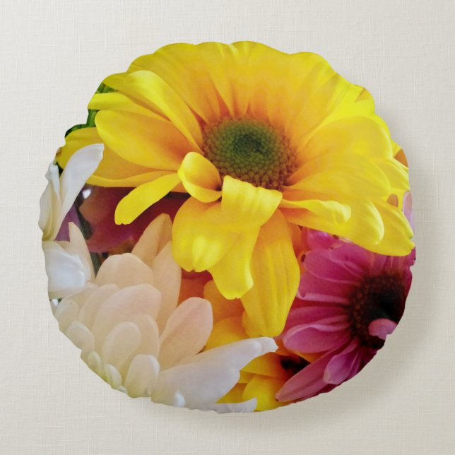 Gemengde Daisies Bouquet-Round Sierkussen Rond Kussen (Voorkant)