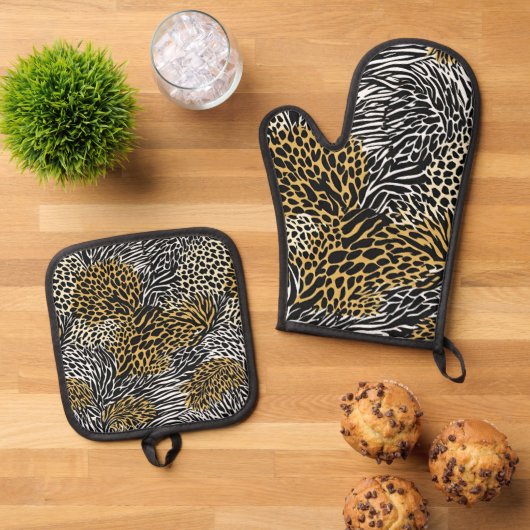Gemengde dierenprint Zebra Leopard Tiger Gemengde  Ovenwant & Pannenlap Set (Top down)