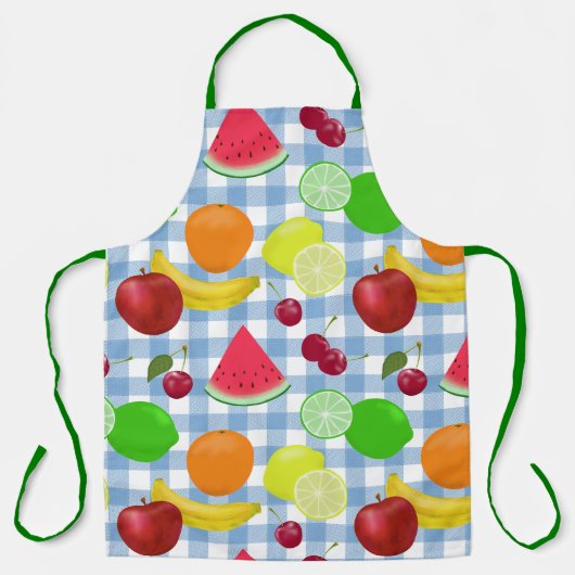 Gemengde Fruit Blue en White Check Pattern Cute Schort (Voorkant)