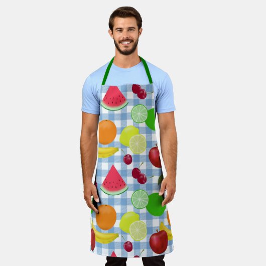 Gemengde Fruit Blue en White Check Pattern Cute Schort (Gedragen)