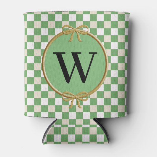 Gemengde groene, witte beige cheques en monogram l blikjeskoeler (Voorkant)