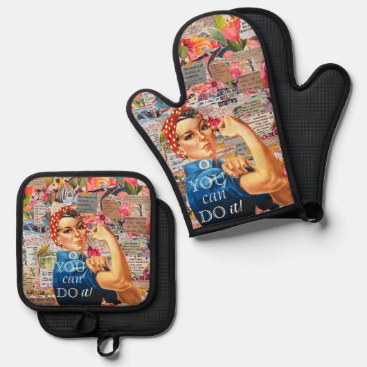 Gemengde Media Inspirerend Rosie de Riveter Ovenwant & Pannenlap Set (Voorkant / Achterkant)