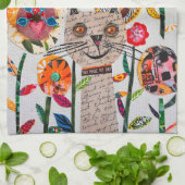 Gemengde Media Wonky Kat en Bloemen Keuken Handdoe Theedoek (Gevouwen)