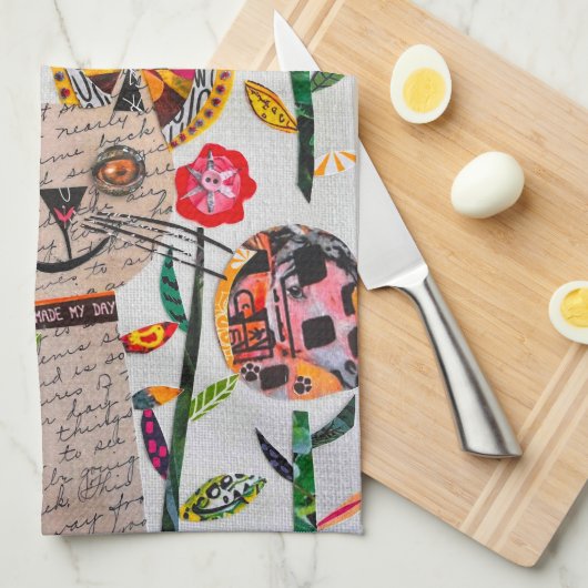 Gemengde Media Wonky Kat en Bloemen Keuken Handdoe Theedoek (Quarter Fold)
