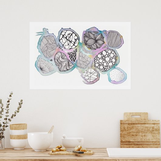 Gemengde media, zwart-wit, doodle, waterverf poster (Keuken)