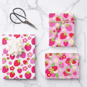 Gemengde Roze & Rode Zomer Aardbeien & bloemen Inpakpapier Vel
