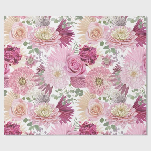 Gemengde roze tuinbloemen cadeaupapier (Vlak)