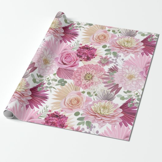 Gemengde roze tuinbloemen cadeaupapier (Uitgerold)