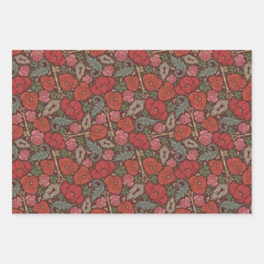 Gemengde Steampunk Old Lock Key Red Poppy Inpakpapier Vel (Voorkant 3)