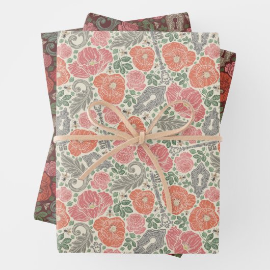 Gemengde Steampunk Old Lock Key Red Poppy Inpakpapier Vel (In situ)