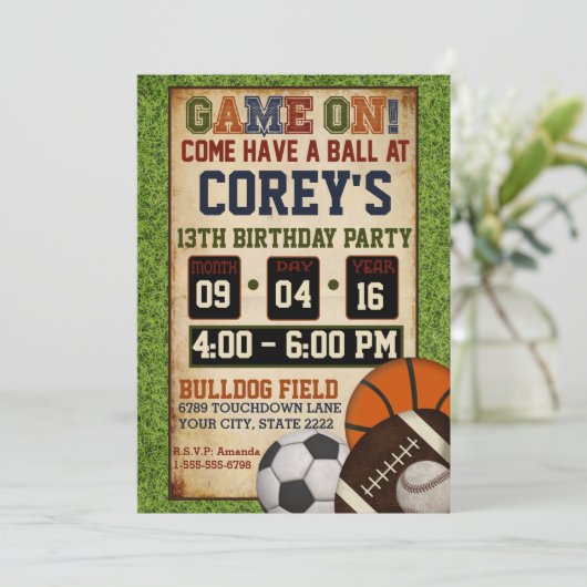 Gemengde uitnodiging voor de Birthday-partij sport (Staand voorkant)