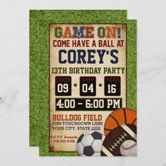 Gemengde uitnodiging voor de Birthday-partij sport (Voorkant / Achterkant)