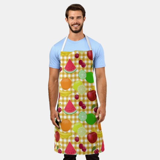 Gemengde vruchten Geel Witte Gingham Check Schort (Gedragen)