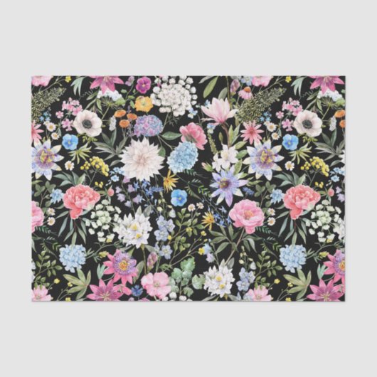 Gemengde Waterverf Garden Flowers Black Tissuepapier (Voorkant)
