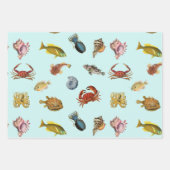 Gemengde zeevissen, schelpen, krab, kwallen inpakpapier vel (Voorkant)