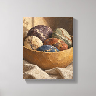 Gemerbleerde rivierstenen in een oker kom stilleve canvas afdruk