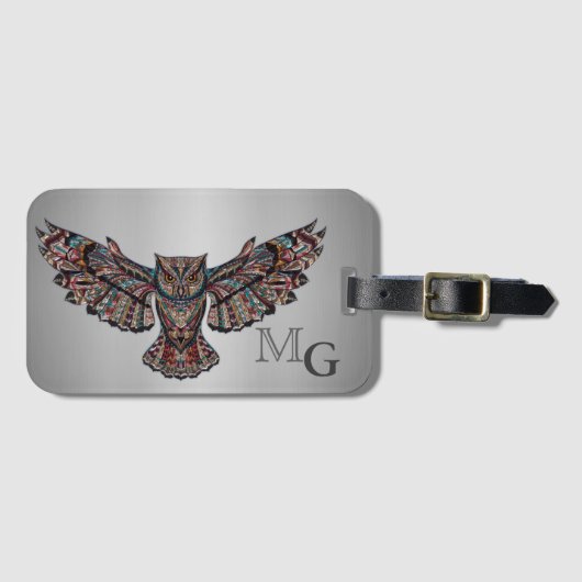 Gemetalliseerde uil kunst monogram bagagelabel (Voorkant (horizontaal))