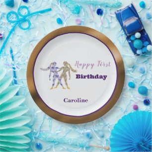 Gemini 1e Verjaardag Goud & Paarse Artistieke Papieren Bordje