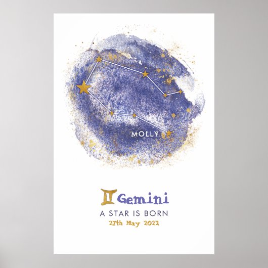 Gemini Baby Naam Zodiac Starry Nursery Poster (Voorkant)