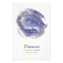 Gemini Baby Naam Zodiac Starry Nursery Poster